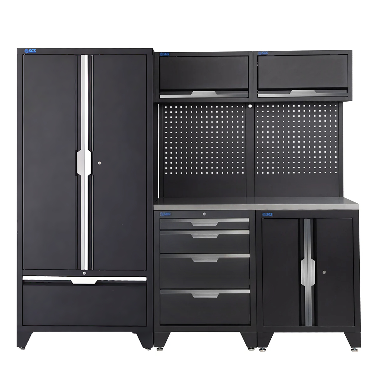 SGS 7pc Garage Storage System | 4 Drawers | Stainless Steel Worktop | Floor Cabinet | 2x Upper Cabinets | Tall Double Cabinet with Drawer